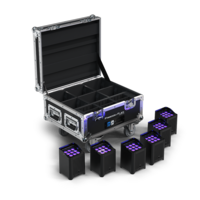 COMPLETE LIGHTING PACKAGE, BUILT-IN RF RECEIVER, INCLUDES SIX HEX-COLORED LIGHTS+CHARGING ROAD CASE