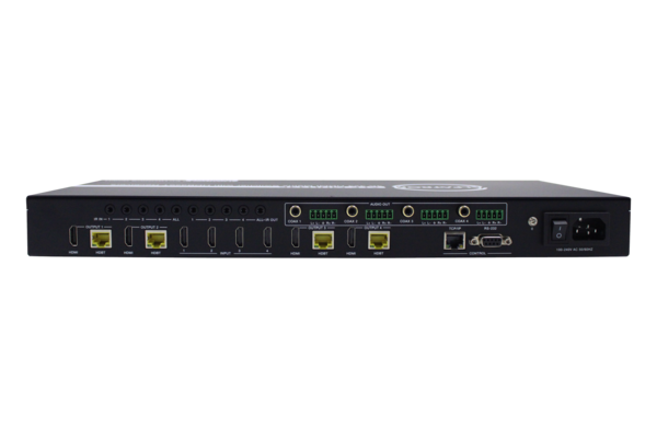 4X4 HDBASET MATRIX SWITCHER 4K. SUPPORTS HDCP 2.2. TRANSMIT 4K&2K SIGNAL 8M VIA HDMI PORT. 40M VIA H