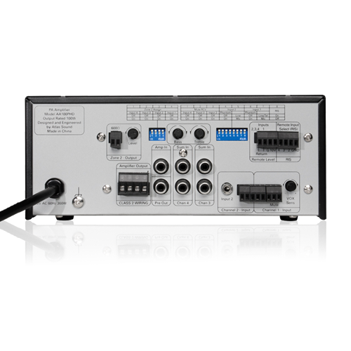 4-INPUT 100W MIXER AMPLIFIER WITH AUTOMATIC SYSTEM TEST(PHD)/100W INTO 25V/70V & 4OHM LOADS