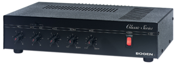 100W AMPLIFIER , 4 INPUTS: 1 MIC (LO-Z), 1 AUX (HI-Z), 1 TEL, PLUS 1 SELECTABLE MIC OR AUX