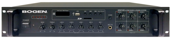 6-ZONE MUSIC & PAGING SYSTEM -  COMBINES AMP,  DIGITAL FM TUNER, MP3 PLAYER & SEVEN (7) AUDIO INPUTS