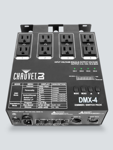 DMX-4/4-CH DIMMER/RELAY PACK PROVIDING DMX CONTROL FOR ON/OFF OR DIMMING TO UNITS NOT EQUIPPED W/DMX