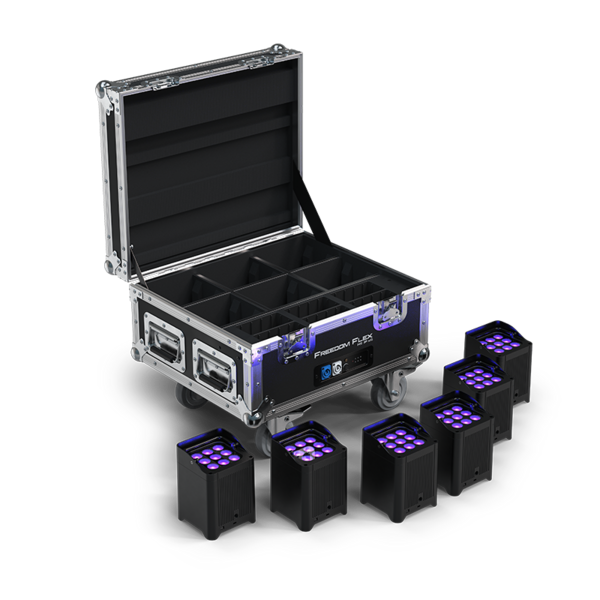 COMPLETE LIGHTING PACKAGE, BUILT-IN RF RECEIVER, INCLUDES SIX HEX-COLORED LIGHTS+CHARGING ROAD CASE