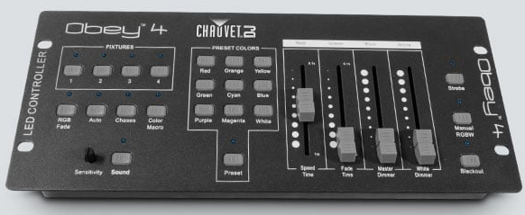 DMX CONTROLLER FOR LED WASH LIGHTS W/3 OR 4-CHANNEL MODES—RED, GREEN, BLUE & WHITE/AMBER
