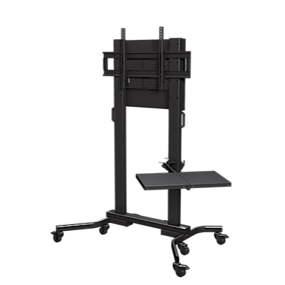 HEAVY DUTY MOBILE CART WITH SINGLE SIDE SHELF, BACK PLATE AND COVER FOR DISPLAYS LARGER THAN 60"
