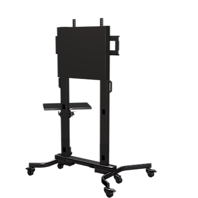 HEAVY DUTY MOBILE CART WITH SINGLE SIDE SHELF, BACK PLATE AND COVER FOR DISPLAYS LARGER THAN 60"