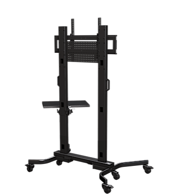 HEAVY DUTY MOBILE CART WITH SINGLE SIDE SHELF, BACK PLATE AND COVER FOR DISPLAYS LARGER THAN 60"