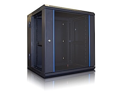 12U WALL MOUNTED RACK ENCLOSURE WITH HINGED BACK DOOR (19") / REVERSIBLE TEMPERED GLASS FRONT DOOR