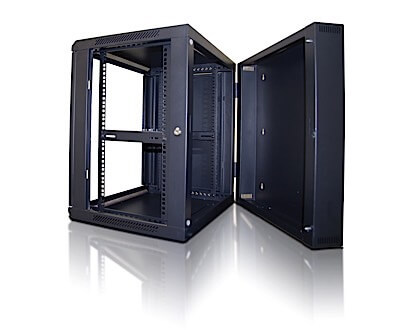 12U WALL MOUNTED RACK ENCLOSURE WITH HINGED BACK DOOR (19") / REVERSIBLE TEMPERED GLASS FRONT DOOR