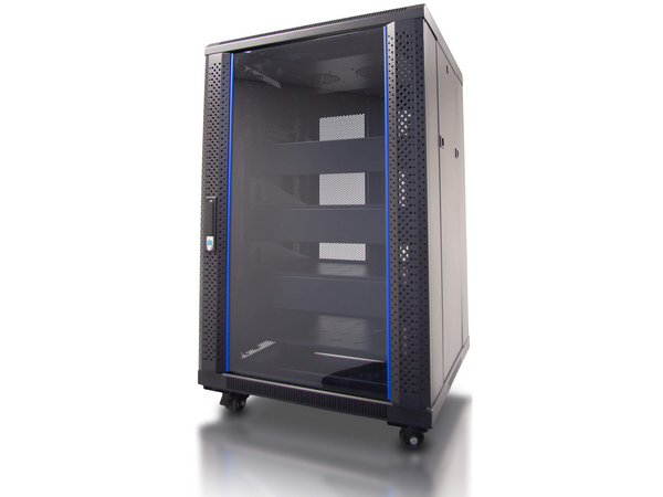 18RU FLOOR RACK ENCLOSURE: INCLUDES TEMPERED GLASS FRONT DOOR, DUAL VENTILATION FANS, 3X 2U SHLEVES