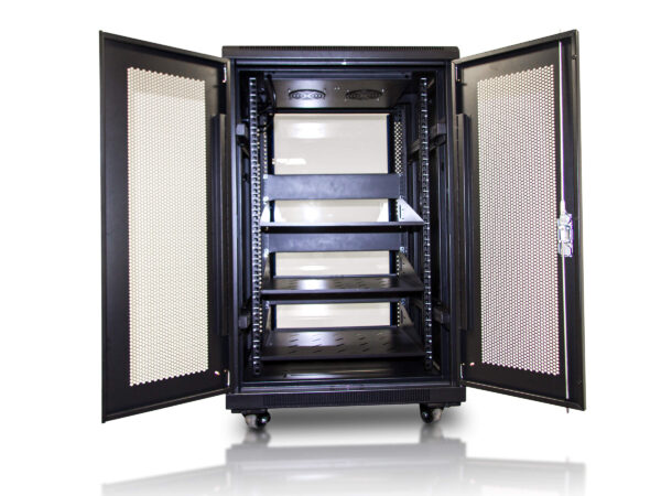18RU FLOOR RACK ENCLOSURE: INCLUDES TEMPERED GLASS FRONT DOOR, DUAL VENTILATION FANS, 3X 2U SHLEVES
