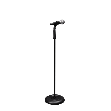 ROK-IT TUBULAR MICROPHONE STAND WITH 10” ROUND BASE AND EASY TWIST CLUTCH HEIGHT ADJUSTMENT.