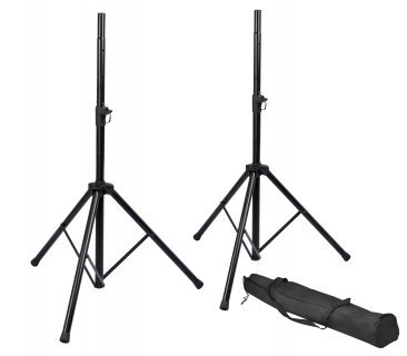 SET OF 2 SPEAKER STANDS & CARRY BAG:TRIPOD BASE W/ADJUSTABLE HEIGHT & SAFETY PINS/ WEIGHT CAP 110LBS