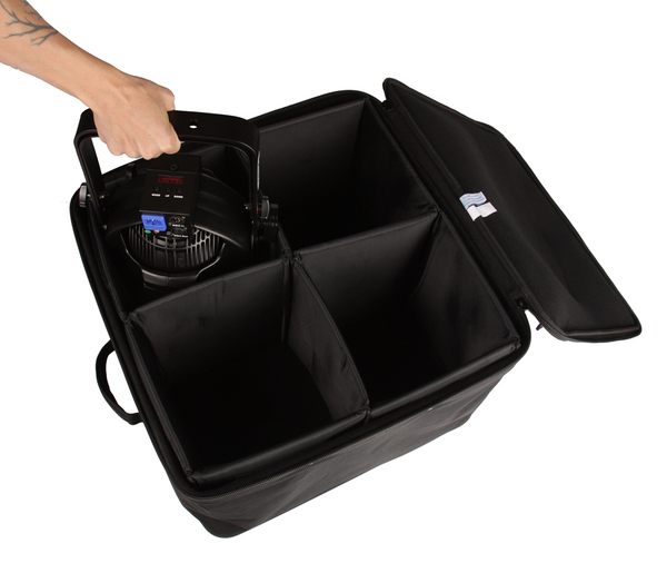 PAR CAN LIGHT CASE W/ TOW HANDLE, WHEELS, & REMOVABLE HOOK & LOOP DIVIDERS; HOLDS 4 PAR 64 LED'S