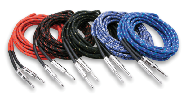 CLOTH GUITAR CABLE, HOSA STRAIGHT TO SAME, 18 FT, BK/RD