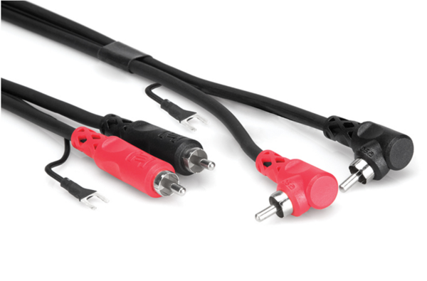 STEREO INTERCONNECT, DUAL RCA TO DUAL RIGHT-ANGLE RCA WITH GROUND WIRE, 2 M