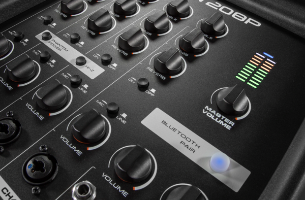 PACKAGED 8 INCH 2-WAY PA SYSTEM  300W,  POWERED 8CH MIXER WITH BLUETOOTH, & HANDHELD AKG MIC