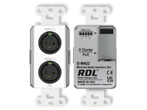 WALL-MOUNTED BI-DIRECTIONAL MIC/LINE DANTE INTERFACE 2X2