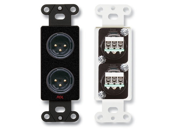 DUAL XLR 3-PIN MALE JACKS ON D PLATE - TERMINAL BLOCK CONNECTIONS - BLACK (CUSTOM LABELED) (SEE PART