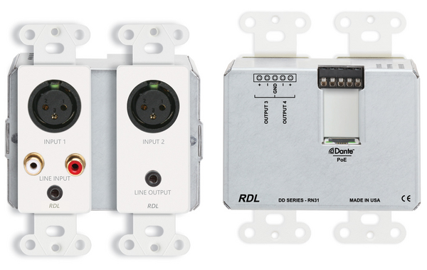 BI-DIRECTIONAL MIC/LINE DANTE INTERFACE 4 X 4 W/POE - SOFTWARE CONFIGURABLE - 2 XLR IN, 2 RCA IN, 1