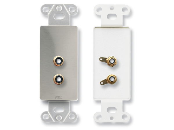 DUAL PHONO JACKS ON D PLATE - SOLDER TYPE - STAINLESS STEEL (CUSTOM LABELED) (SEE PART # ZCST-LBL F