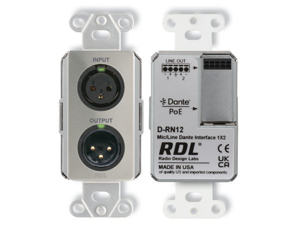 WALL-MOUNTED BI-DIRECTIONAL MIC/LINE DANTE INTERFACE 1X2, CUSTOM LABELED
