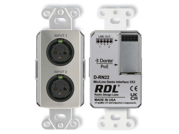 WALL-MOUNTED BI-DIRECTIONAL MIC/LINE DANTE INTERFACE 2 X 2 - STAINLESS STEEL (CUSTOM LABELED)