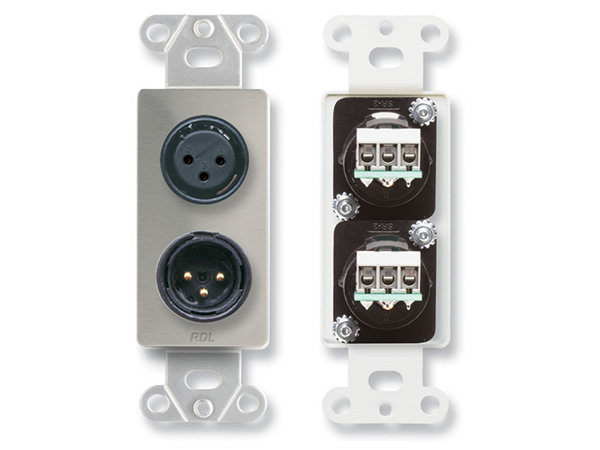 XLR 3-PIN FEMALE & 3-PIN MALE ON D PLATE - TERMINAL BLOCK CONNECTIONS - STAINLESS STEEL (CUSTOM LABE