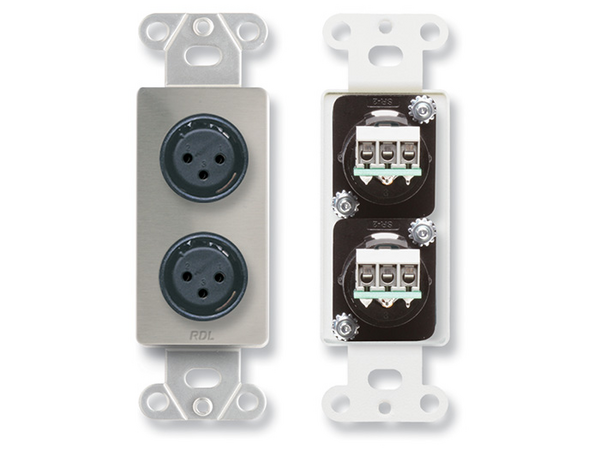 DUAL XLR 3-PIN FEMALE JACKS ON D PLATE - TERMINAL BLOCK CONNECTIONS - STAINLESS STEEL (CUSTOM LABELE