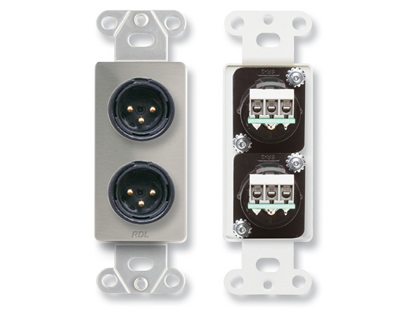 DUAL XLR 3-PIN MALE JACKS ON D PLATE - TERMINAL BLOCK CONNECTIONS - STAINLESS STEEL