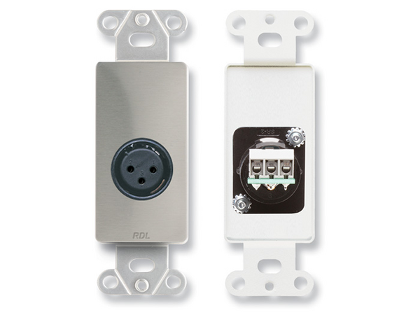 XLR 3-PIN FEMALE JACK ON D PLATE - TERMINAL BLOCK CONNECTIONS - STAINLESS STEEL (CUSTOM LABELED) (SE