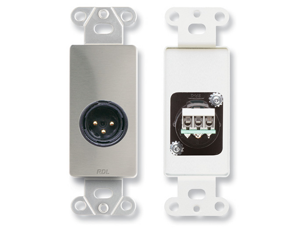 XLR 3-PIN MALE JACK ON D PLATE - TERMINAL BLOCK CONNECTIONS - STAINLESS STEEL