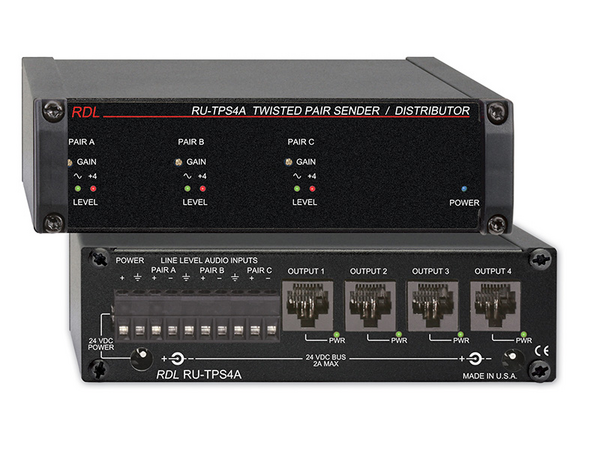 ACTIVE SENDER / DISTRIBUTOR - TWISTED PAIR FORMAT-A - THREE AUDIO INPUTS TO FOUR OUTPUTS