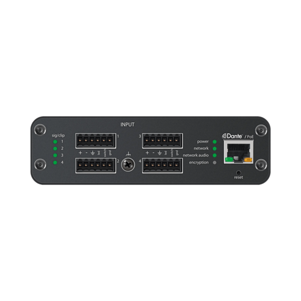 4-INPUT, BLOCK CONNECTORS, MIC/LINE DANTE AUDIO NETWORK INTERFACE WITH MIC LOGIC, PEQ, AUDIO SUMMING