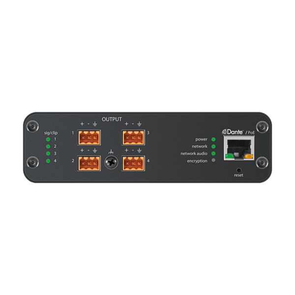 4-OUTPUT, BLOCK CONNECTORS, MIC/LINE DANTE? AUDIO NETWORK INTERFACE WITH PEQ AND AUDIO SUMMING