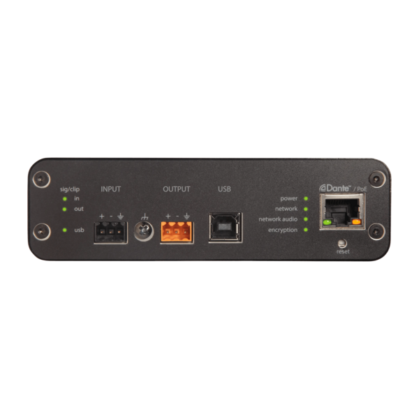 DANTE AUDIO NETWORK INTERFACE WITH MATRIX MIXING, 4-INPUT/2-OUTPUT TO USB/ANALOG