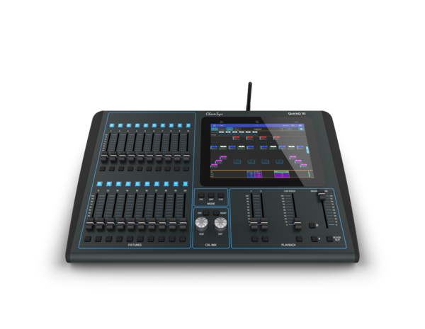 CHAMSYS QUICK Q10-
1 UNIVERSE VIA DIRECT DMX512 OUT OR ETHERNET
, CONTROLLER W/ FADERS & TOUCHSCREEN