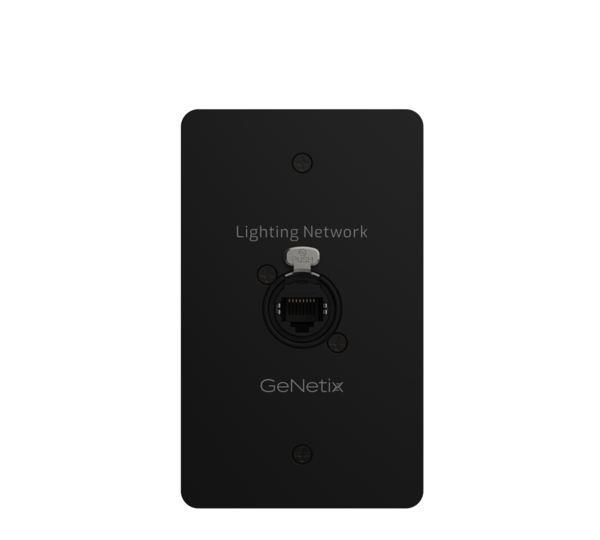 GENETIX NETWORK PASS THROUGH WALL PLATE US, LOCKING RJ45 CAT6A CONNECTOR, BLACK FACEPLATE