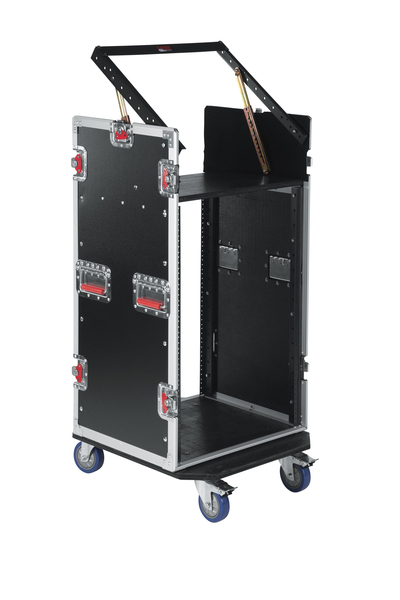 ATA WOOD FLIGHT POP-UP CONSOLE RACK CASE; 10U TOP; 16U BOTTOM; W/ CASTERS