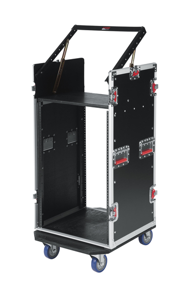 ATA WOOD FLIGHT POP-UP CONSOLE RACK CASE; 10U TOP; 16U BOTTOM; W/ CASTERS