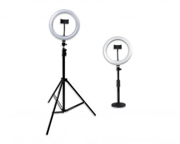 SET OF TWO (2) HEIGHT-ADJUSTABLE STANDS WITH PIVOTING LED RING LIGHTS AND UNIVERSAL PHONE HOLDERS