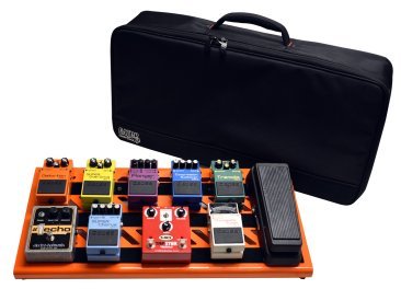 BRITISH ORANGE LARGE ALUMINUM PEDAL BOARD WITH GATOR CARRY BAG AND BOTTOM MOUNTING POWER SUPPLY