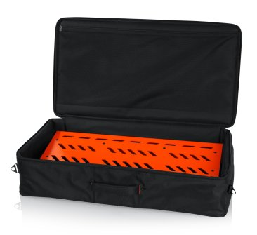 BRITISH ORANGE EXTRA LARGE ALUMINUM PEDAL BOARD WITH CARRY BAG AND BOTTOM MOUNTING POWER SUPPLY