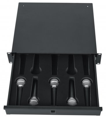 GATOR RACKWORKS RACK DRAWER; 14.2" DEEP; LOCKABLE; INTERIOR HAS INSERT FOR 10 MICROPHONES; 2U