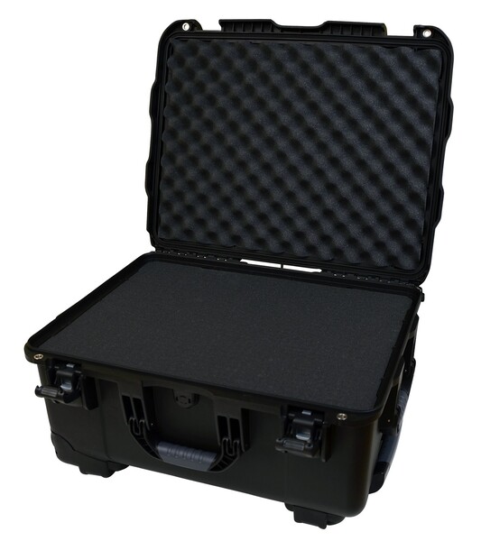 BLACK INJECTION MOLDED CASE WITH PULLOUT HANDLE, INLINE WHEELS, AND DICED FOAM