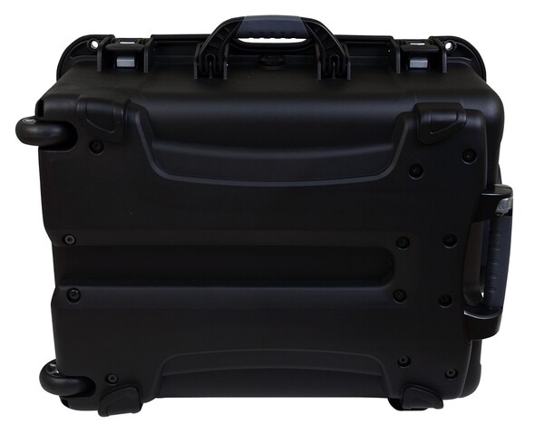 BLACK INJECTION MOLDED CASE WITH PULLOUT HANDLE, INLINE WHEELS, AND DICED FOAM