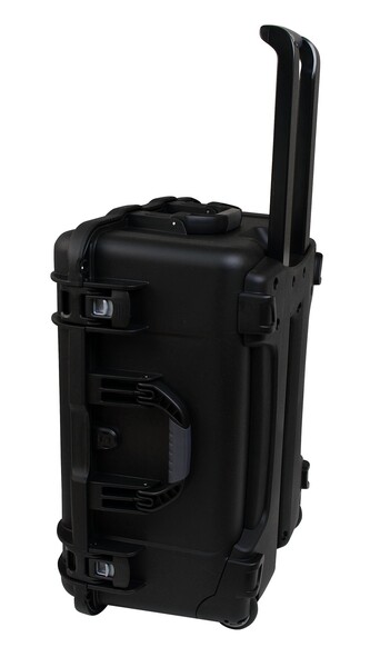 BLACK INJECTION MOLDED CASE WITH PULLOUT HANDLE, INLINE WHEELS, AND DICED FOAM