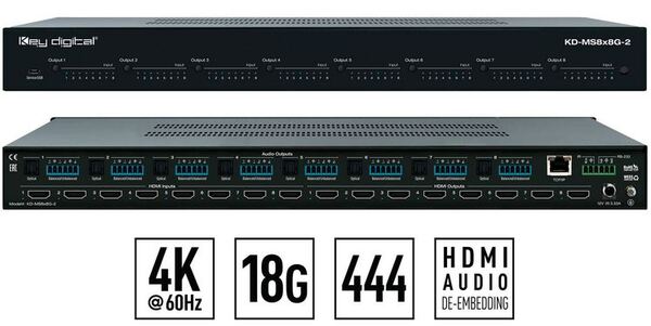 8 INPUT X 8 OUTPUT HDMI MATRIX SWITCHER, UHD/4K, HDCP2.2, AND INDEPENDENT AUDIO ROUTING