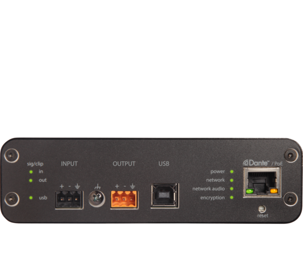 DANTE™ AUDIO NETWORK INTERFACE WITH MATRIX MIXING, 4-INPUT / 2-OUTPUT TO USB/ANALOG