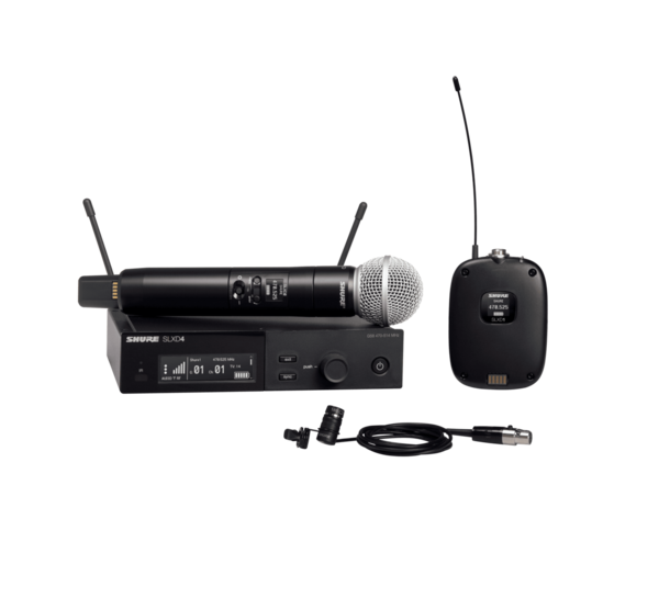 SLX-D WIRELESS COMBO SYSTEM WITH SLX4 RECV, SLXD1 BODYPACK, WL185 LAPEL,& SLXD2/SM58 HANDHELD MIC